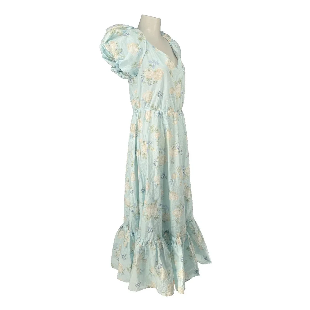 LoveShackFancy Dress Womens 8 Blue Floral Puff Sleeve Maxi Ruffle Cottagecore - Picture 3 of 12